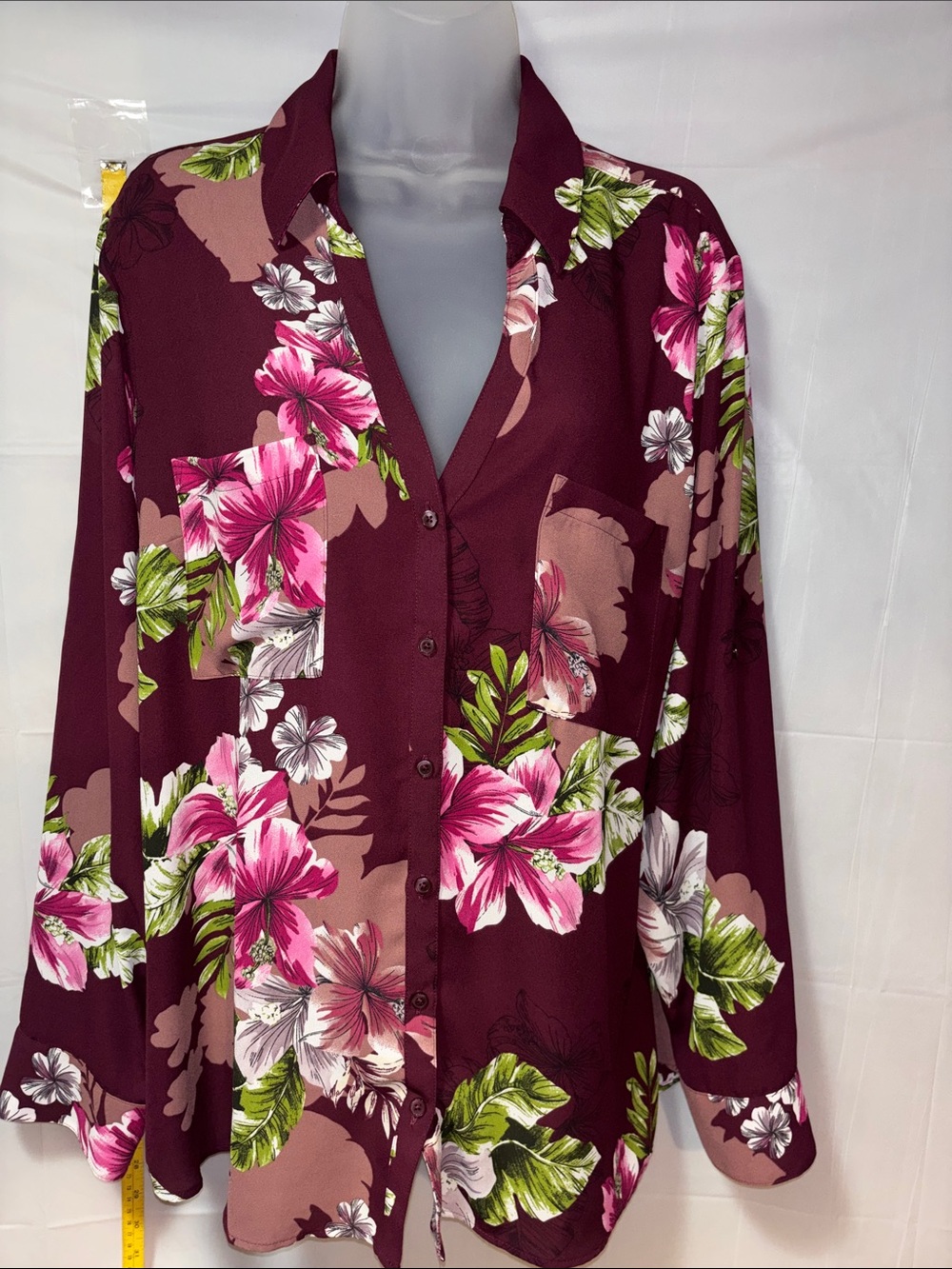 Express Floral Button-Down Shirt in Burgundy with Pink and Green